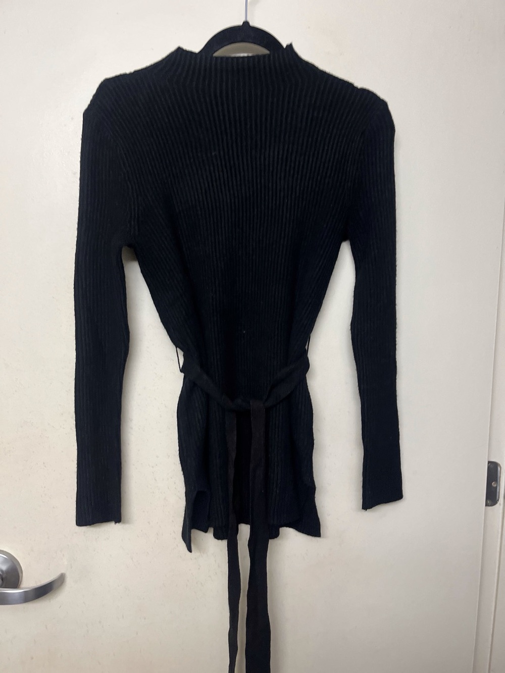 Magaschoni Black Ribbed Tie-Waist Cardigan Sweater